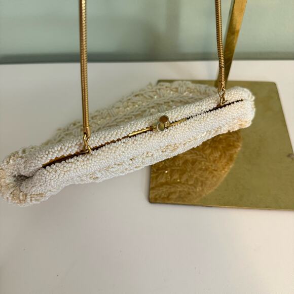 Vintage Beaded Clutch Shoulder Bag Evening Handbag Purse Sequin Elegant Cream - Picture 6 of 11